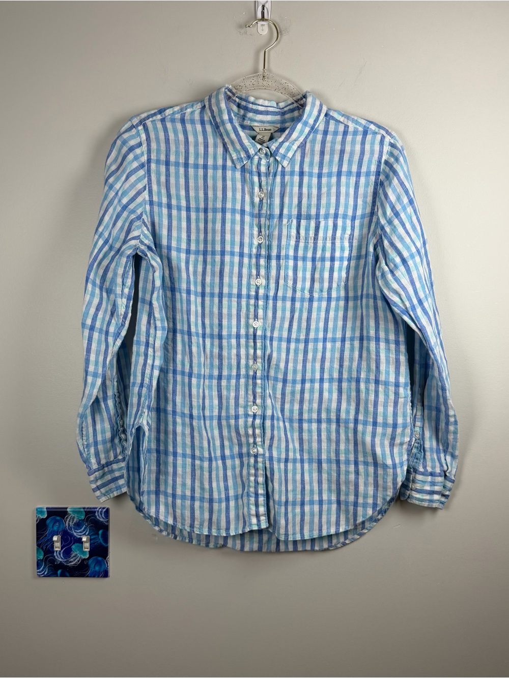 LL Bean Linen Button Up White Blue Plaid Camp LS Top Shirt Size Medium Petite